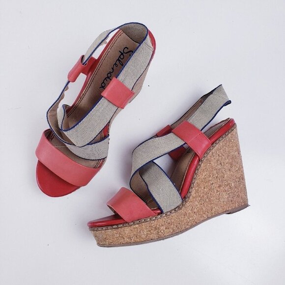 Splendid Kellen Cork Wedge Platform Sandals Sz 8.5 Strawberry Red Elastic Strap - Picture 1 of 9